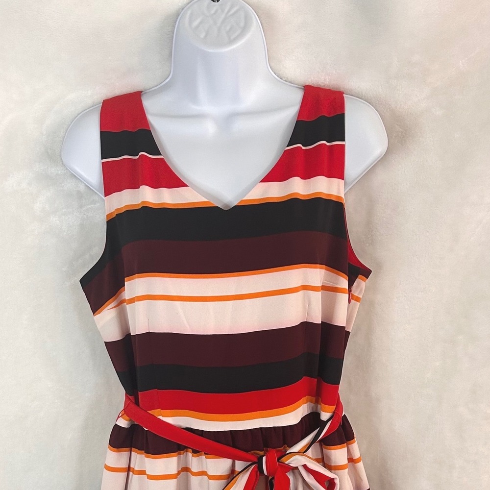 NWOT Lands End Women's 10 Red Striped Sleeveless V-Neck Belted Shift Dress Retro - Picture 2 of 10